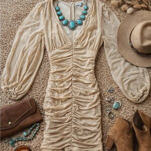 Fashion Nova Cream Ruched Long Sleeve Dress